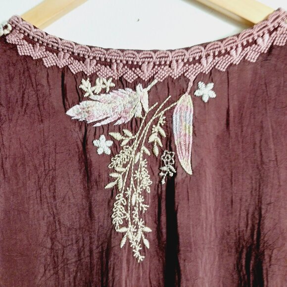 Johnny Was, Burgundy Brown Embroidered Boho Chic Top, Lt. Wt., Semi-Sheer, Small - Picture 8 of 16